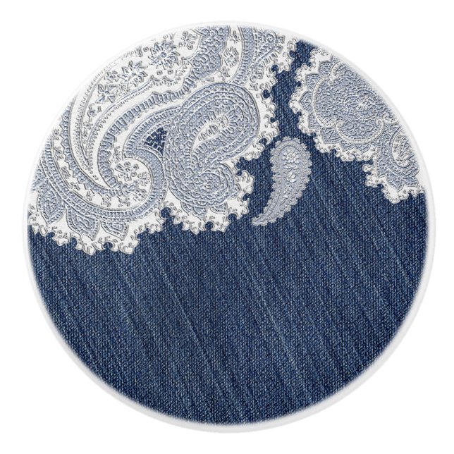Pomo De Cerámica Denim Jean y White Lace Elegante País Occidental (Anverso)