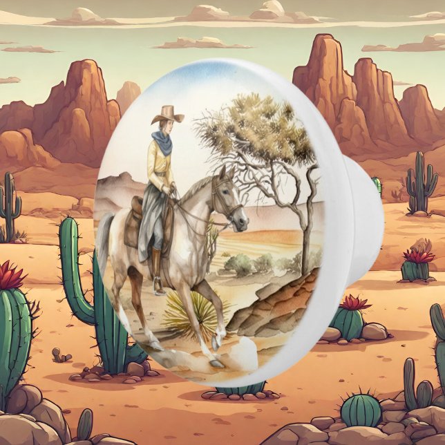 Pomo De Cerámica desierto adorable de cowgirl occidental (Subido por el creador)