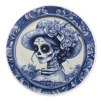 Pomo De Cerámica Dias Los Muertos Blue & White