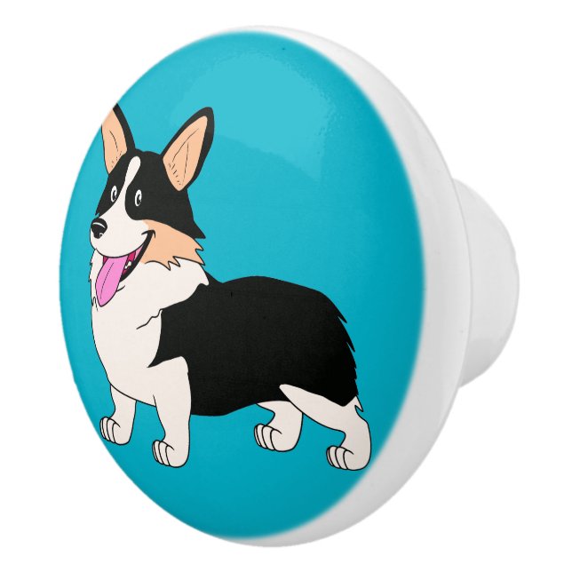 Pomo De Cerámica Dibujo animado tricolor sonriente del Corgi Galés (Derecha)