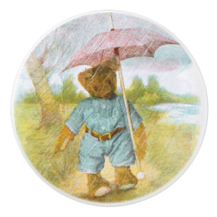 Pomo De Cerámica Dibujo del vintage: Oso de peluche en la lluvia