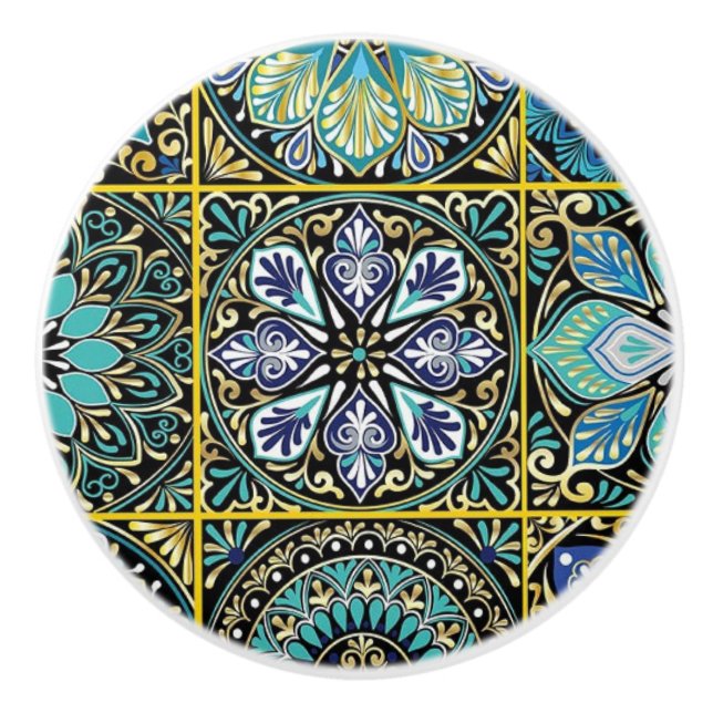 Pomo De Cerámica Dibujo Talavera Tile Imagen azul turquesa (Anverso)