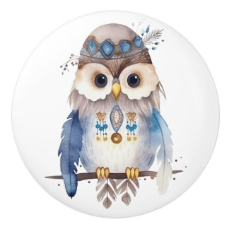 Pomo De Cerámica Diseño boho de búho hippie en acuarela lindo