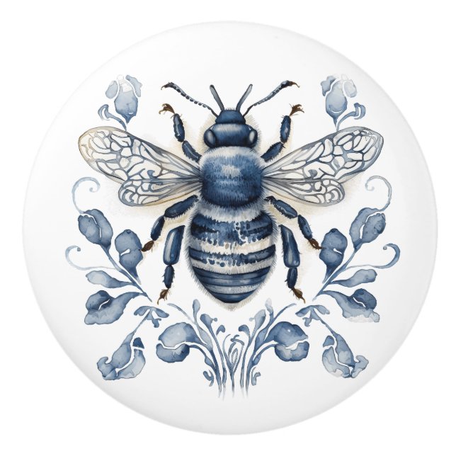 Pomo De Cerámica Diseño de abejas de estilo Delft azul y blanco con (Anverso)