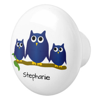 Pomo De Cerámica Diseño de búho azul personalizado