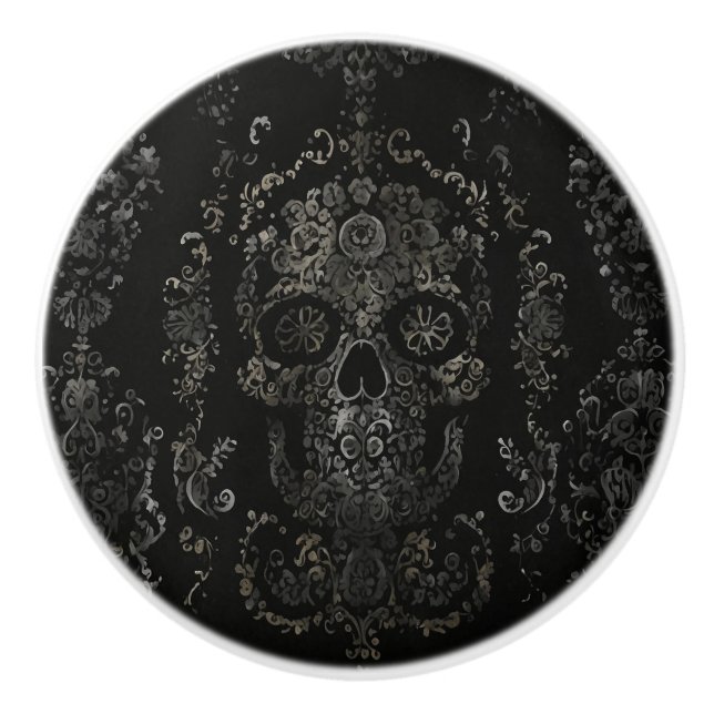 Pomo De Cerámica Diseño de cráneo ornamentado oscuro (Anverso)