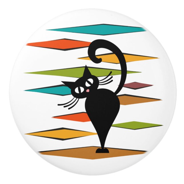 Pomo De Cerámica Diseño de gato negro de Mid Century (Anverso)