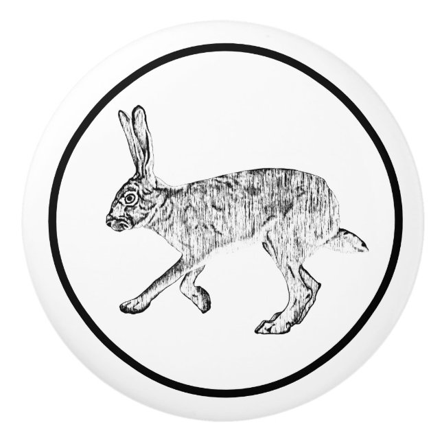 Pomo De Cerámica Diseño de Jackrabbit del Suroeste Negro y Blanco (Anverso)