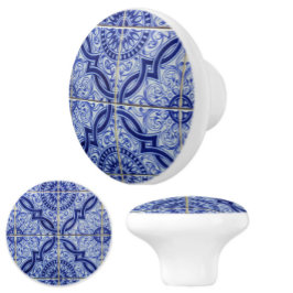 Pomo De Cerámica Diseño de mosaico mediterráneo azul y blanco elega