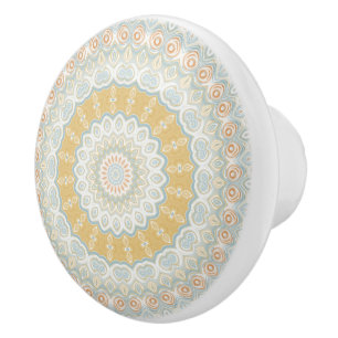 Pomo De Cerámica Diseño de Patrón de Mandala Dorado Beige y Azul