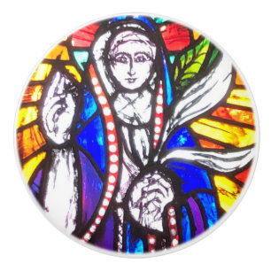 Pomo De Cerámica Diseño de vidrio emplomado con figura religiosa.