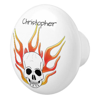Pomo De Cerámica Diseño Personalizado de Calavera y Llamas