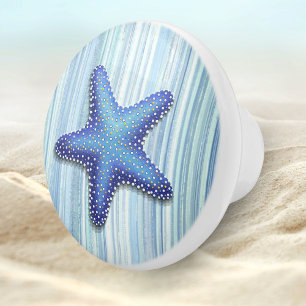 Pomo De Cerámica Diseño Starfish de mariscos con rayas verdes azule