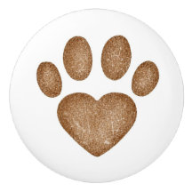 Distressed Brown Heart Pawprint Ceramic Knob