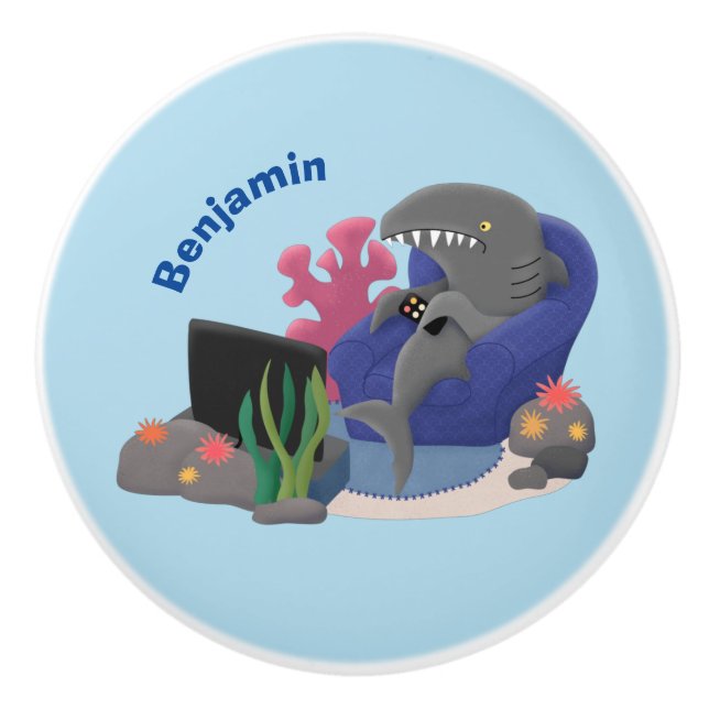 Pomo De Cerámica Divertido tiburón viendo al personalizado de telev (Anverso)