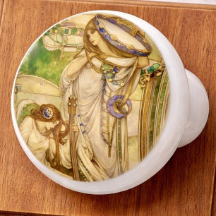 Pomo De Cerámica Doncellas de la Música Art Nouveau Ilustración Vin