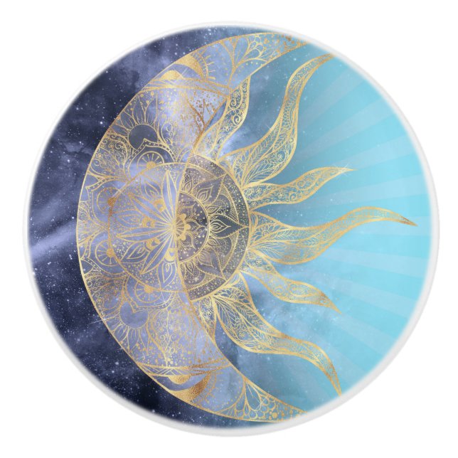 Pomo De Cerámica Dorado Moon Sun Mandala Diseño Celeste (Anverso)
