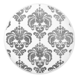 Pomo De Cerámica Dormitorio elegante Damask plateado y blanco