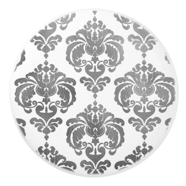 Pomo De Cerámica Dormitorio elegante Damask plateado y blanco (Anverso)
