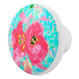 Pomo De Cerámica Dos rosados ciruelas de coral rojo loco hibiscus e