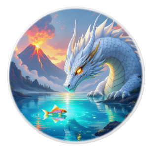 Pomo De Cerámica Dragón blanco surrealista y pescado de oro
