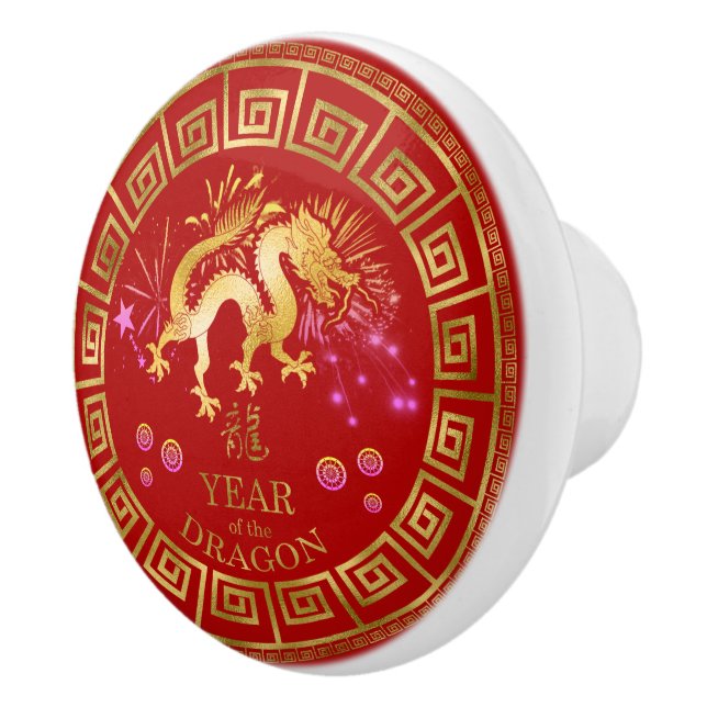 Pomo De Cerámica Dragón zodiaco chino rojo/dorado ID542 (Derecha)