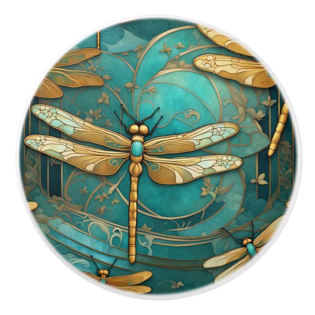Pomo De Cerámica Dragonfly Art Nouveau Art Deco Insectos Verde azul (Anverso)