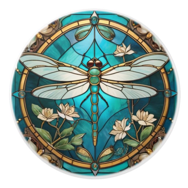 Pomo De Cerámica Dragonfly Art Nouveau Deco Aqua Blue Stained Glass (Anverso)