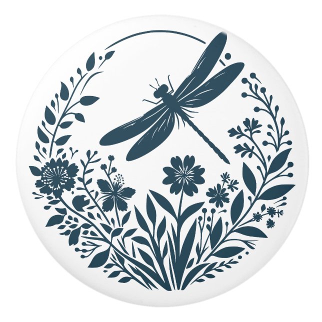 Pomo De Cerámica Dragonfly retro de silueta con flores (Anverso)