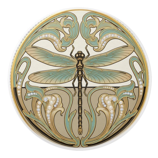 Pomo De Cerámica Dragonfly Sage Green & Gold Art Deco Nouveau (Anverso)