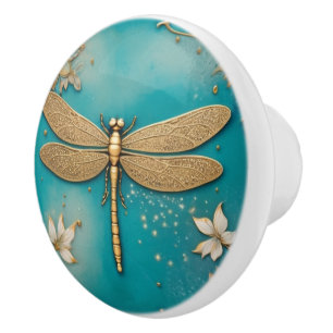 Pomo De Cerámica Dragonfly Turquoise Verde azulado y Gold Faux Reli