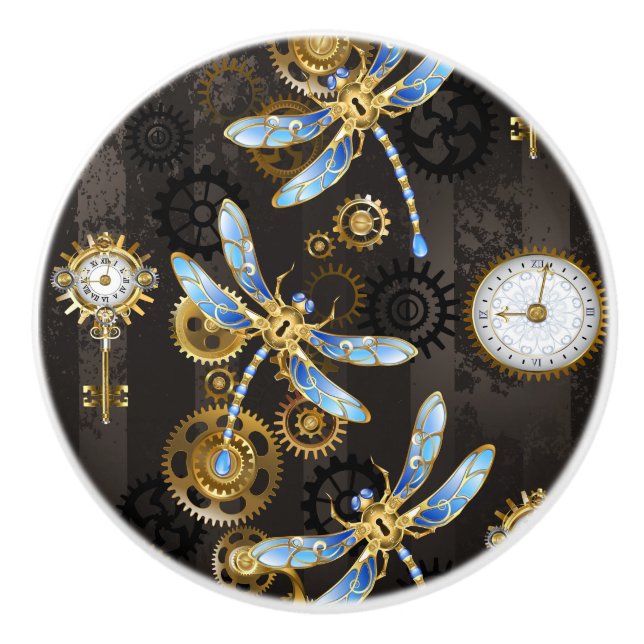 Pomo De Cerámica Dragoniscos de Steampunk sobre fondo rayado marrón (Anverso)