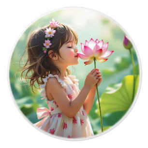 Pomo De Cerámica Dulce niña oliendo una flor