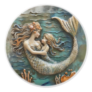 Pomo De Cerámica Efecto 3D de la madre y la hija de la sirena