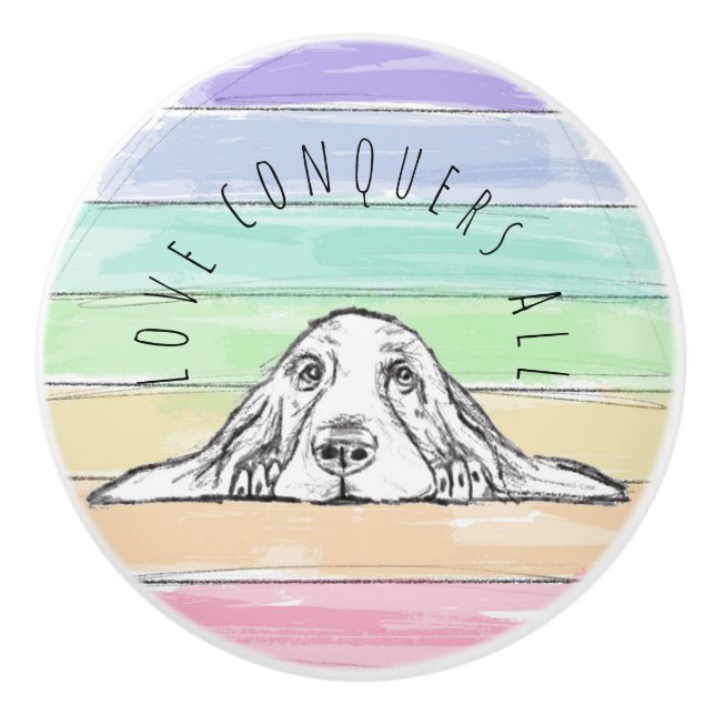 Pomo De Cerámica el amor conquista a todo el perro rainbow basset (Anverso)