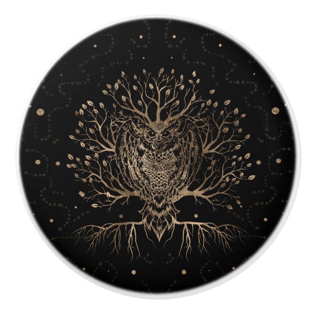 Pomo De Cerámica El árbol de búho dorado (Anverso)