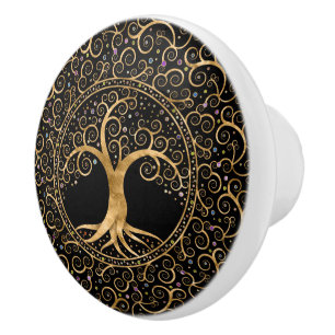 Pomo De Cerámica El árbol de la vida Espiral dorada y piedras prec