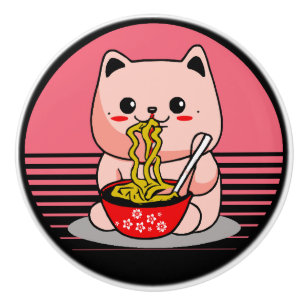 Pomo De Cerámica El gato de Kawaii comiendo ramen