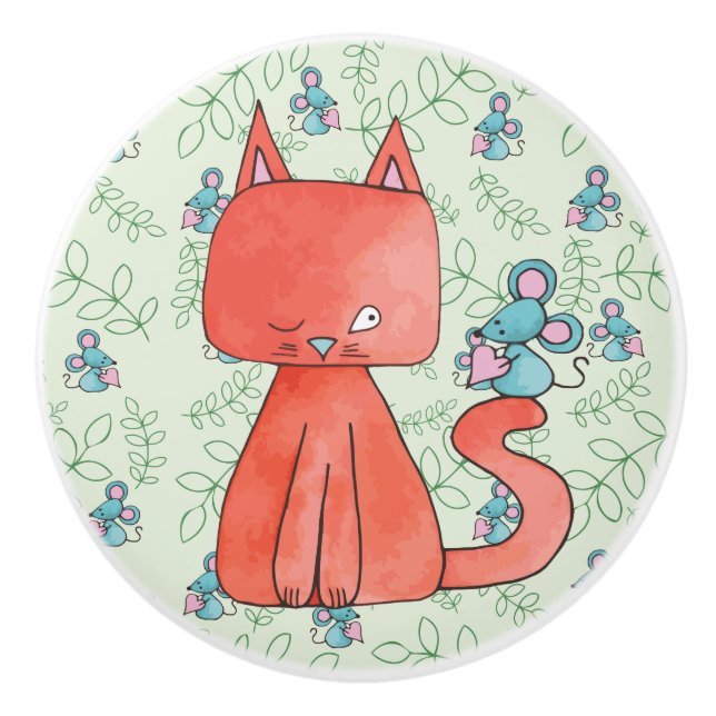 Pomo De Cerámica El ratón lindo ama al gato gatito (Anverso)