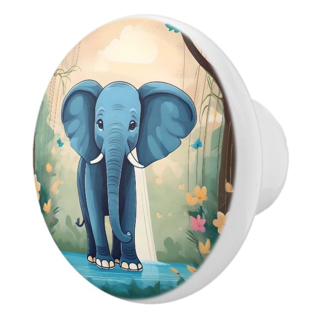 Pomo De Cerámica Elefante Bebé Whimsical Azul, (Derecha)