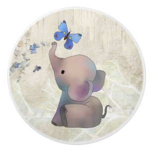 Pomo De Cerámica Elefante con mariposa