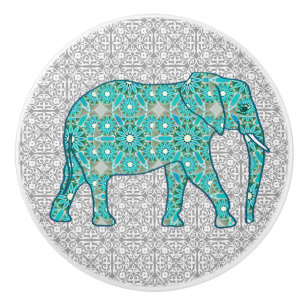 Pomo De Cerámica Elefante de flores de Mandala, turquesa, gris y bl