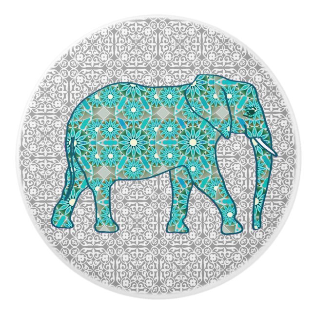 Pomo De Cerámica Elefante de flores de Mandala, turquesa, gris y bl (Anverso)