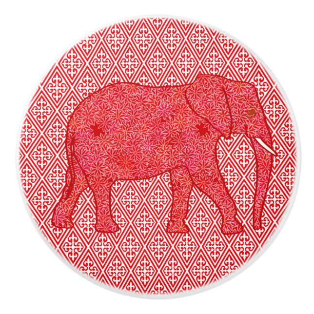 Pomo De Cerámica Elefante de flores, rojo profundo y coral (Anverso)