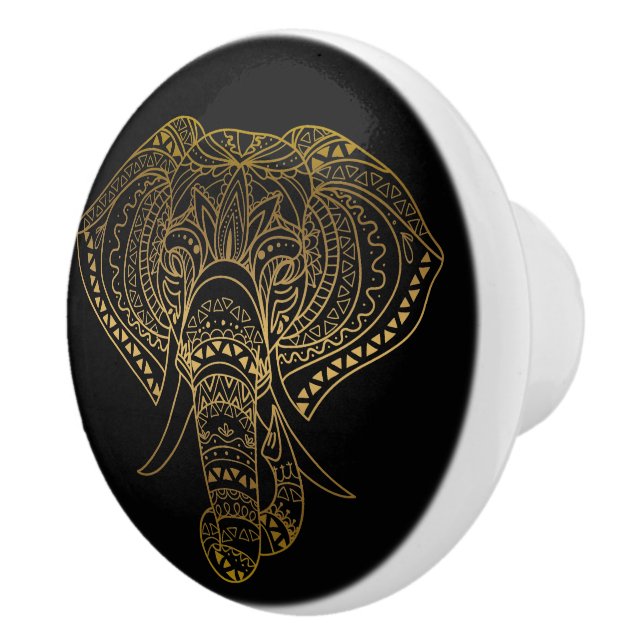 Pomo De Cerámica Elefante tribal de oro negro Boho (Derecha)