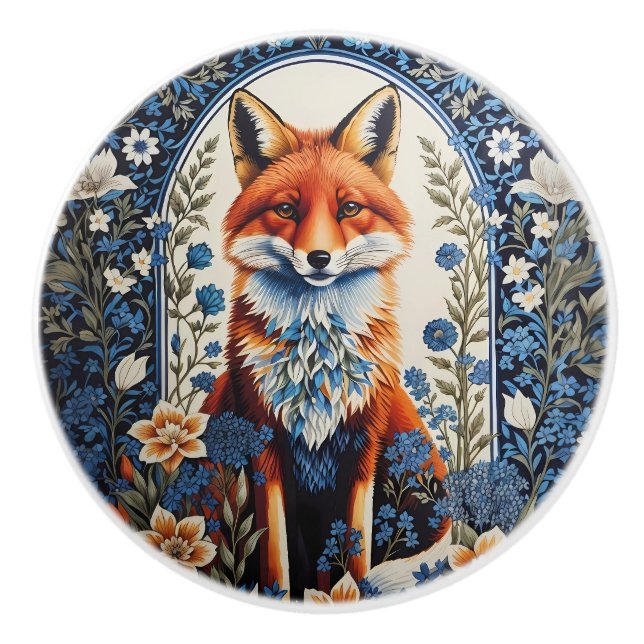 Pomo De Cerámica Elegant Blue Floral William Morris Inspired Fox (Anverso)