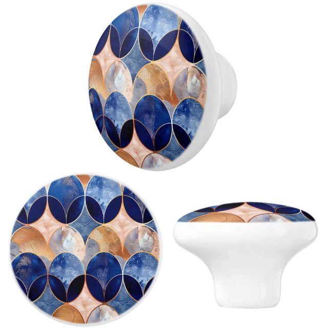 Pomo De Cerámica Elegant Blue + Rose Gold Geometric Pattern (Add style and glam elegance to your furniture, drawers or cabinets with these blue + rose gold knobs)