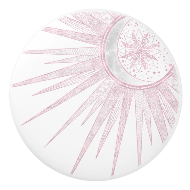 Pomo De Cerámica Elegant Pink Sun Moon Doodle Mandala White Design (Anverso)