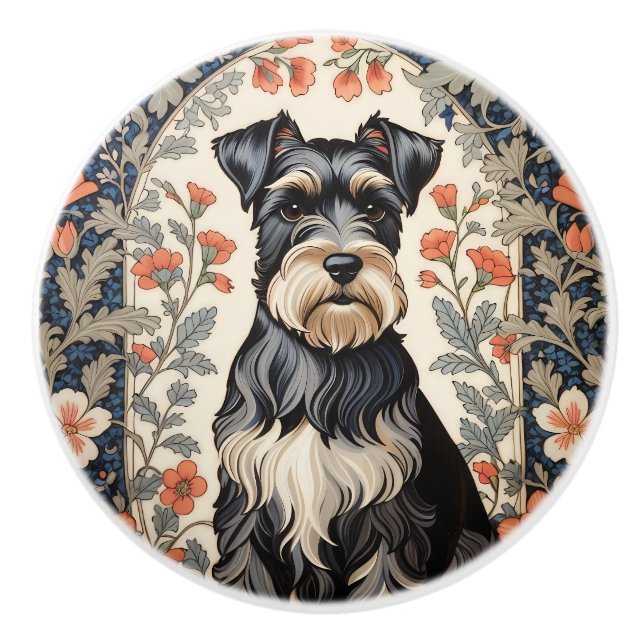 Pomo De Cerámica Elegant Schnauzer William Morris Inspired Floral (Anverso)