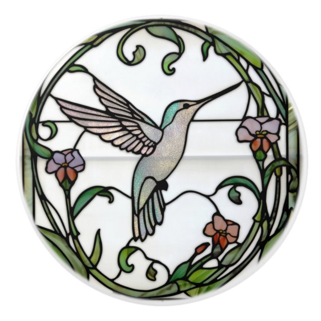 Pomo De Cerámica Elegant stain glass art nouveau hummingbird (Anverso)